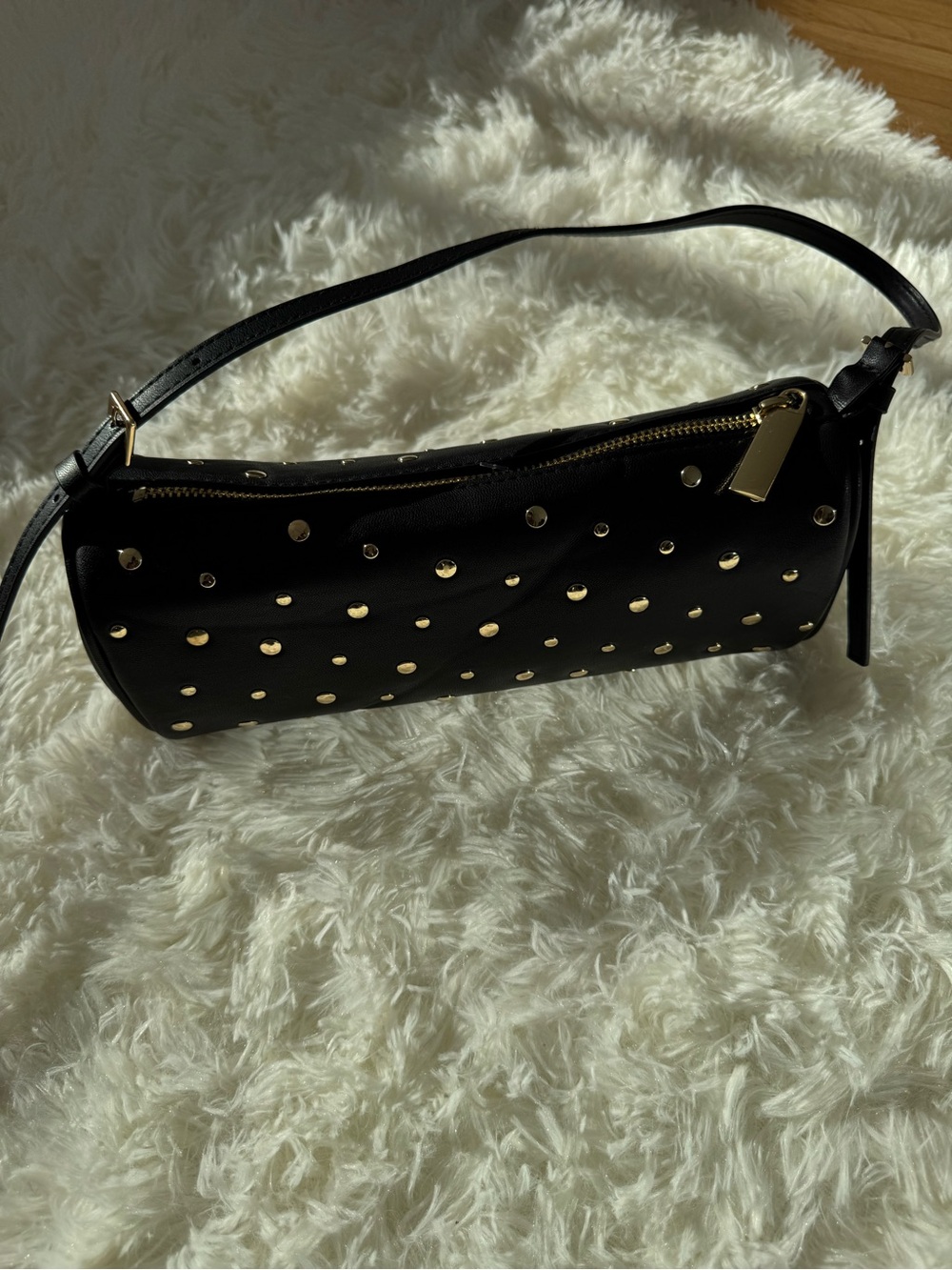 Black Studded Shoulder Bag with Gold Accents